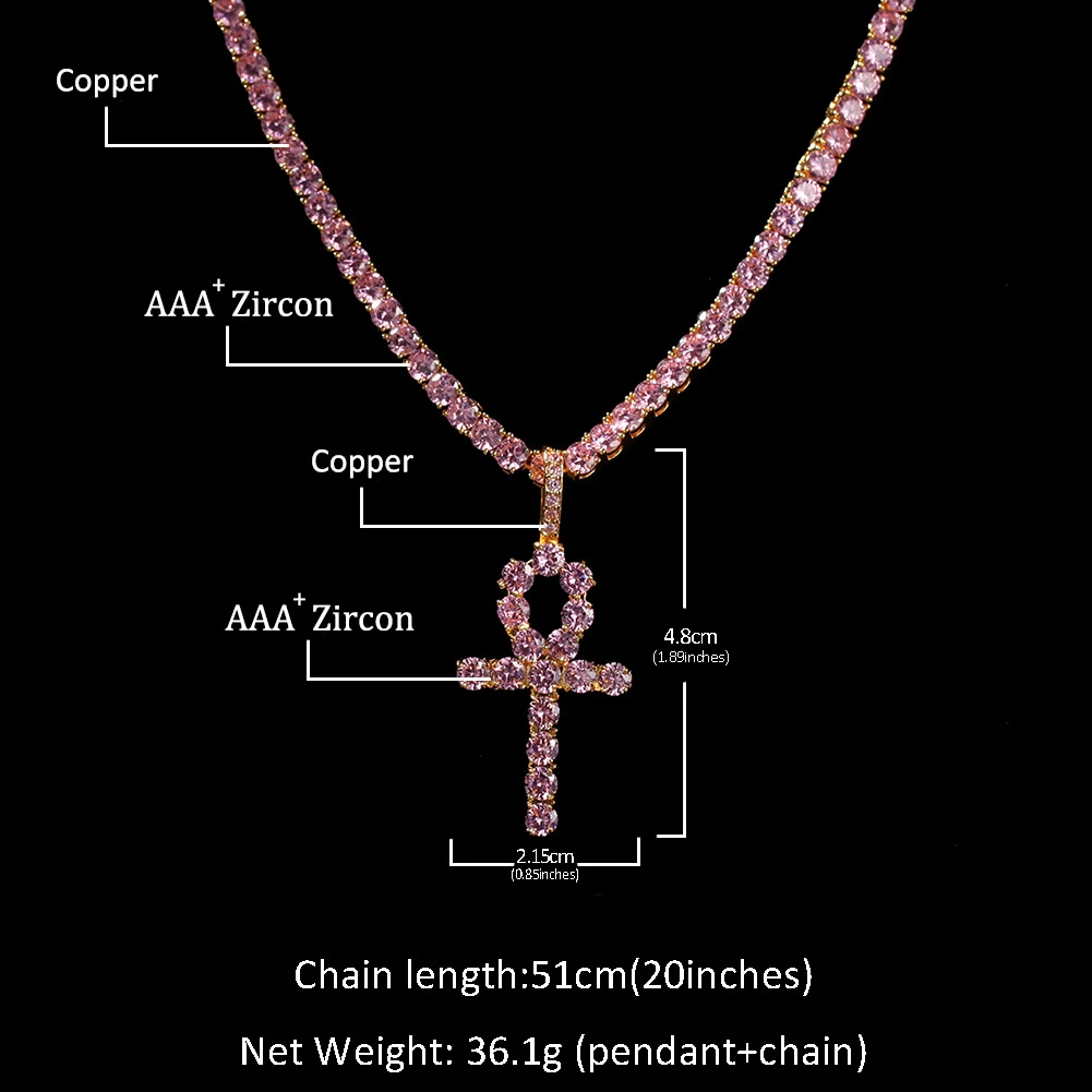 4mm Pink Iced Ankh Cross Pendant Cubic Zirconia Tennis Chains Gold Silver Color Choker Necklace Hiphop Women Men Jewelry
