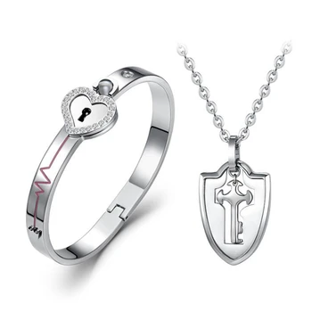 

Couple Lovers Puzzle Jewelry Gift Titanium Steel Love Heart Lock Bangle + Key Pendant Necklace Set