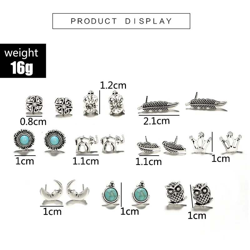 10Pairs/set Women Boho Silver Turquoise Earrings Set Jewelry Owl Crown Ear Stud