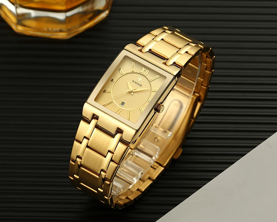 Топ бренд класса люкс WWOOR золотые черные квадратные мужские часы кварцевые часы мужские водонепроницаемые золотые мужские наручные часы