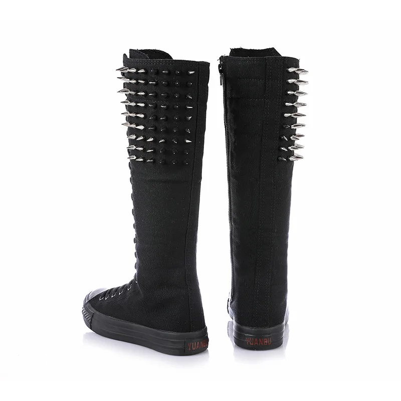New Spring Autumn Women Shoes Canvas Punk Casual High Top Shoes Long Boots Lace-Up Zipper Comfortable Flat Boots Sneakers