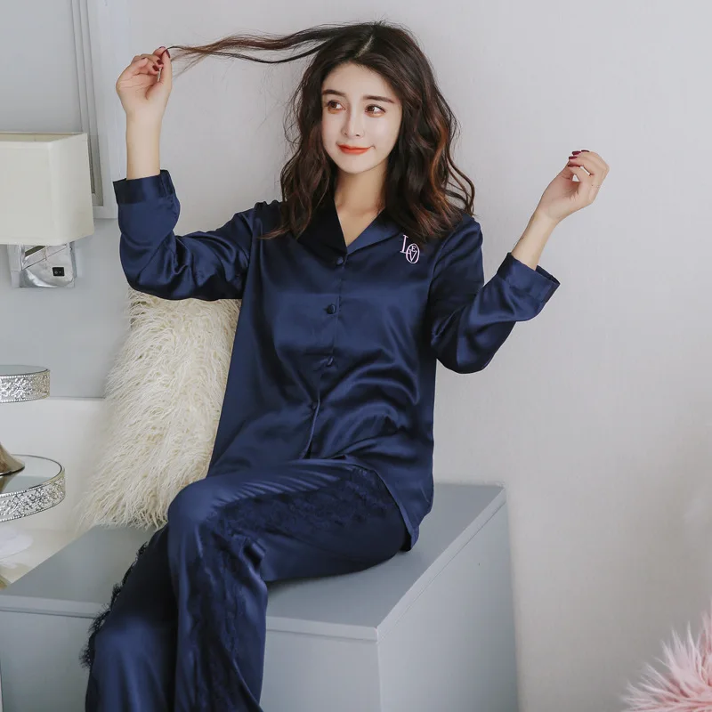 Атласный пижамный костюм для женщин, комплект для сна, домашняя одежда с длинными рукавами темно-синий, пикантный халат, нижнее белье, повседневная одежда для сна, кимоно, платье