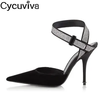 

Spring Runway Black Velvet Thin High Heels Shoes Women Pumps Sexy Crystal Ankle Strap Shallow Women Dress Party Shoes Femme