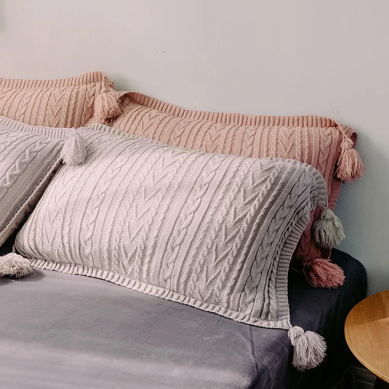 

48X74CM Solid green/grey/pink/yellow knitted wool pillowcase with tassel jaquard pillow case large warm single pillow cover bed