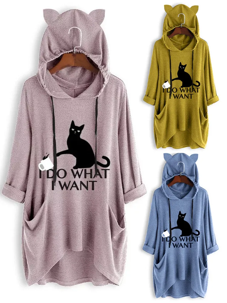 Jaycosin Women Casual Print Cat Ear Hooded Long Sleeves Pocket Irregular Casual Cool Chic New Look Pullover Tops Blouse