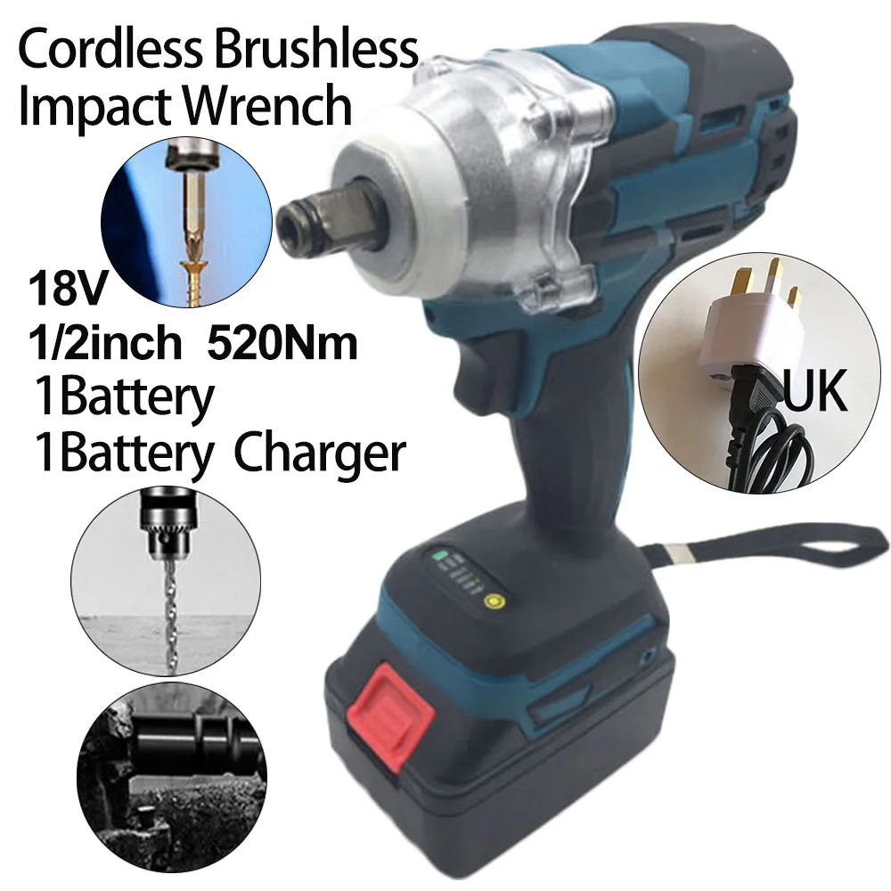 

1*Electric Wrench+1*Battery+1*Charger Cordless Brushless 18V 1/2inch 520Nm Electric Impact Wrench Driver Replacment