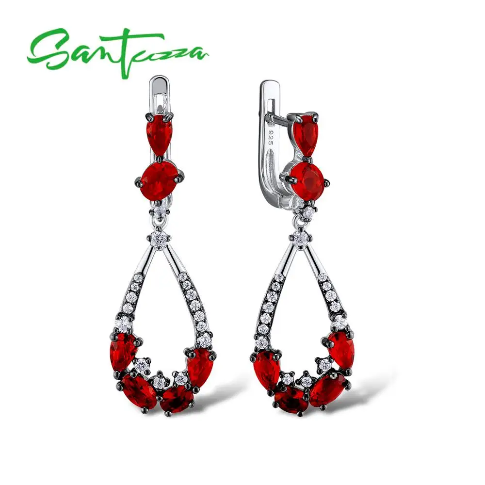 SANTUZZA Silver Earrings For Women Pure 925 Sterling Silver Dangle Earrings OVAL Red Stones Elegant brincos Fine Jewelry