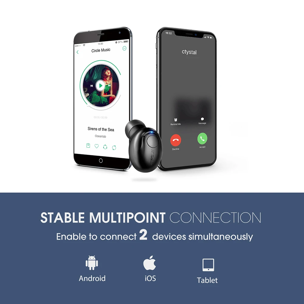 Беспроводные невидимые наушники вкладыши Mpow EM16 Bluetooth наушник на одно ухо 5 0 с