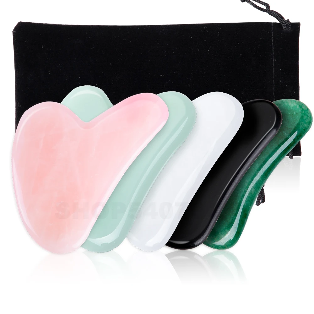 Gua Sha-Tabla de masaje Facial de cuarzo rosa Natural, piedra de cristal, masajeador Facial de Gua Sha, eliminador de arrugas, con bolsa