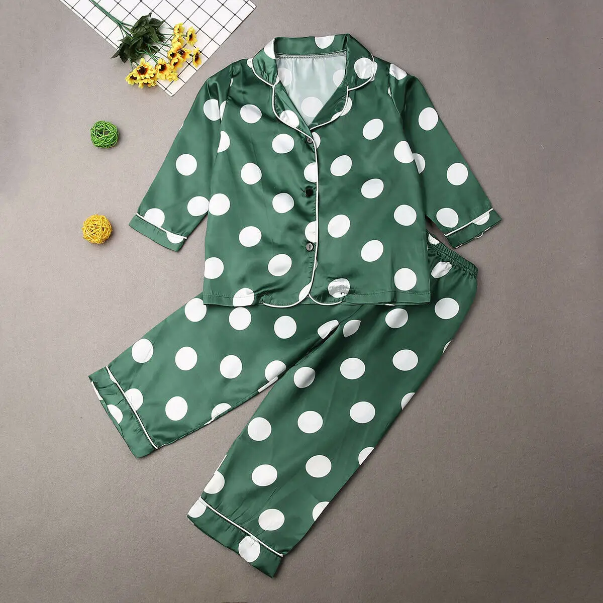Осенняя Шелковая пижама из 2 предметов для маленьких мальчиков и девочек, одежда для сна, одежда для сна, осенний комплект одежды в горошек с рисунком медведя - Цвет: F