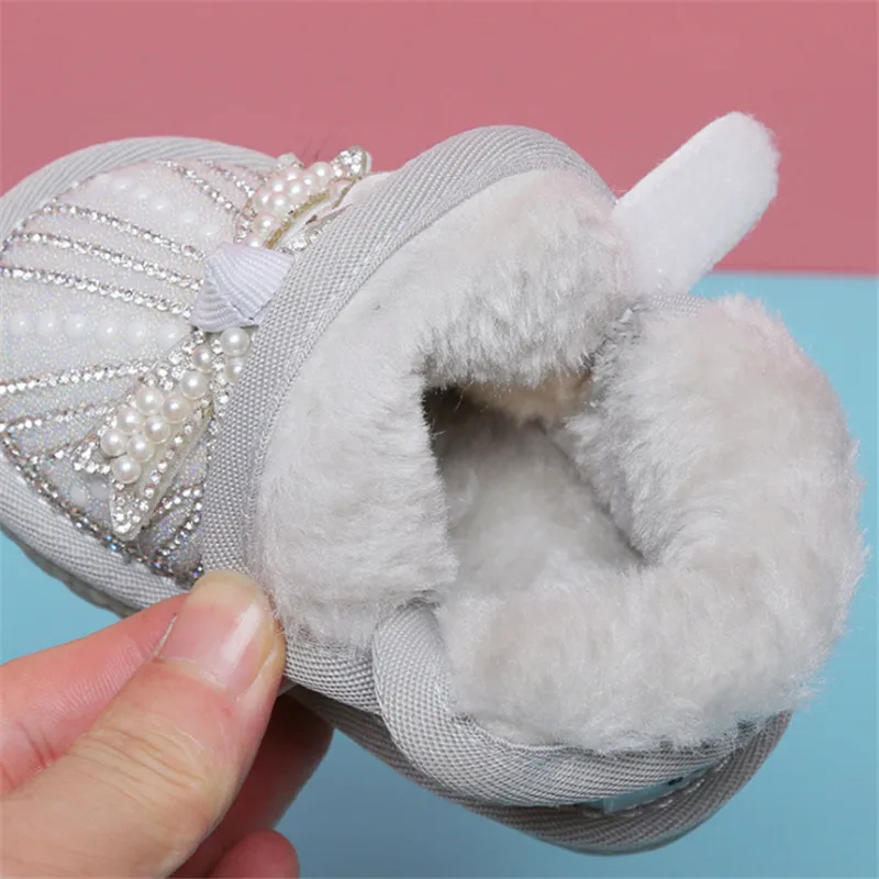 Winter Baby Snow Boots Butterfly-knot Pearl Warm Plush Grils Princess Boots Soft Sole Ankle Toddler Kids