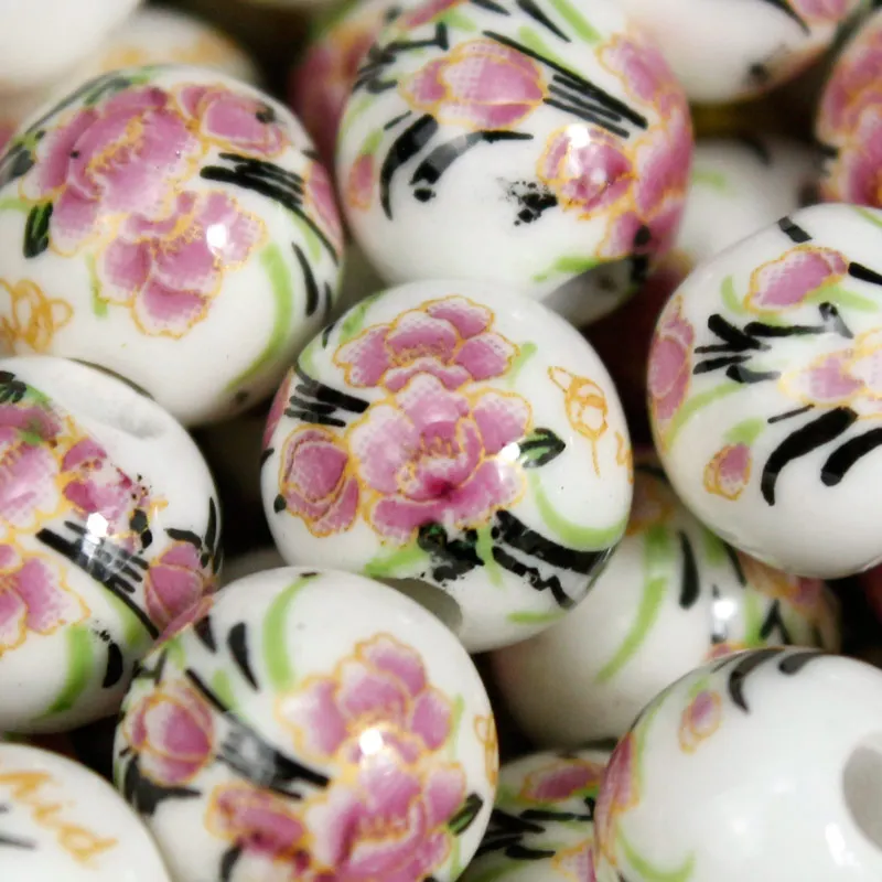 

35PCS/Lot 8mmm Ceramic Beads for Making Jewelry Pink Flower Pattren String Round Bead to Diy Bracelet or Necklace