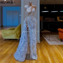 Прозрачные кружевные платья для выпускного вечера с перьями, турецкое Платье De Soiree, синее вечернее платье ручной работы, элегантное женское вечернее платье, новинка