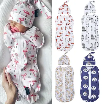 

2Pcs Baby Sleeping Bags Soft Swaddle Muslin Blanket Printed Newborn Infant Sleeping Bags Zipper Wrap Swaddling Blanket with Hats