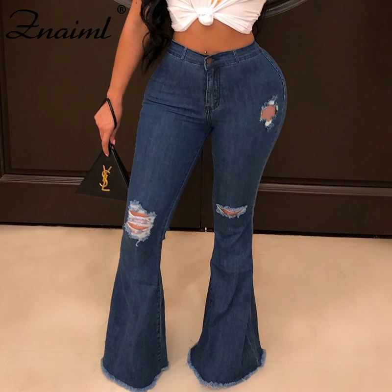 

Fashion Ripped Denim Flare Hole Pants Women's Retro Jeans Wide Leg Trousers Lady Casual Bell-bottoms Flare Hollow Out Pants 2020