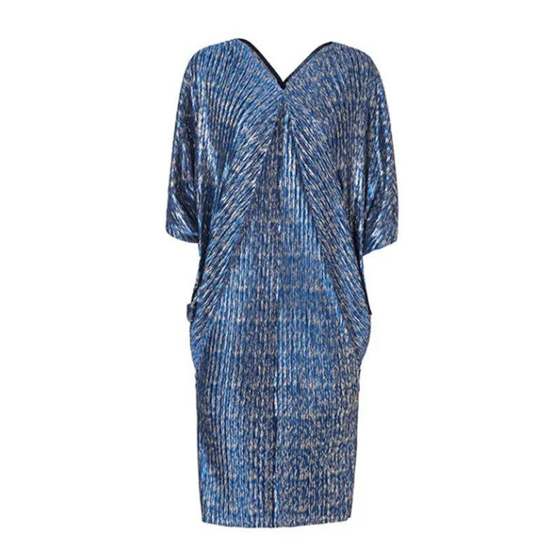 Японское весенне-летнее элегантное женское платье большого размера, свободные рукава летучая мышь, длинное плиссированное платье, Инди фолк, миди, вечерние платья, Vestido - Цвет: Синий