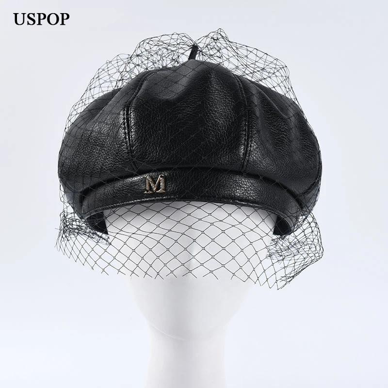 

USPOP 2019 New fashion berets women PU leather beret vintage mesh yarn pu beret female autumn hat diamond letter M hats