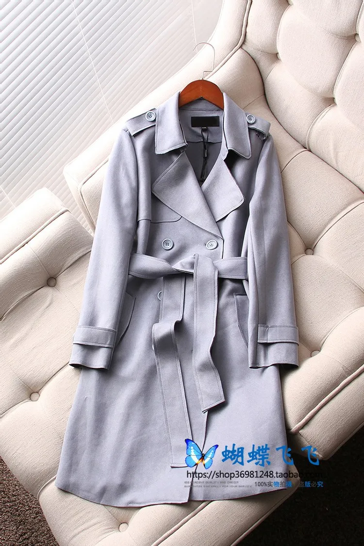 

A Generation of Solid Color Suede Fold-down Collar Double Breasted Lace-up Waist Hugging Medium-length Trench Coat Coat Entity