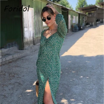 Spring Vintage Long Sleeve Green Floral Dress Women Autumn Winter Slit Long Maxi Dress 2020