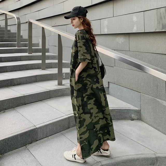 Loose Casual T Shirt Maxi Dress Women Summer 2021 Plus Size Camouflage Dresses with Side Pockets for Home Long Cotton Tees 6