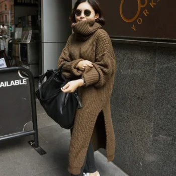 

Loose Turtleneck Knitted Split Dress With Thick Extra Long Sweater Plus Size Women