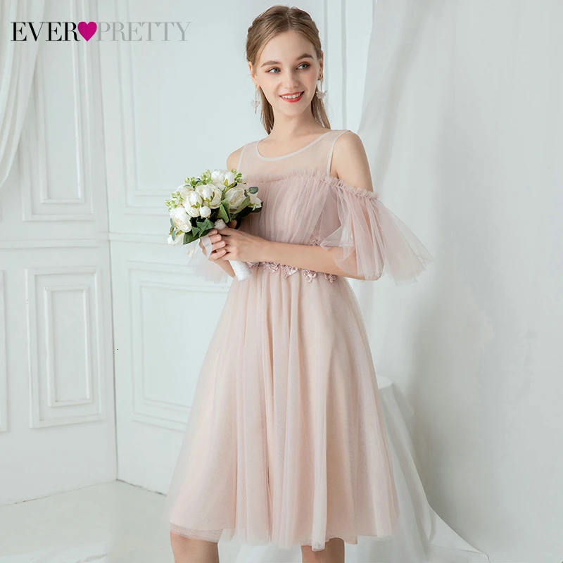 Короткие Розовые платья подружки невесты Ever Pretty EP00886PK ТРАПЕЦИЕВИДНОЕ ПЛАТЬЕ с круглым вырезом и оборками с холодным рукавом с аппликацией для свадебной вечеринки Vestidos