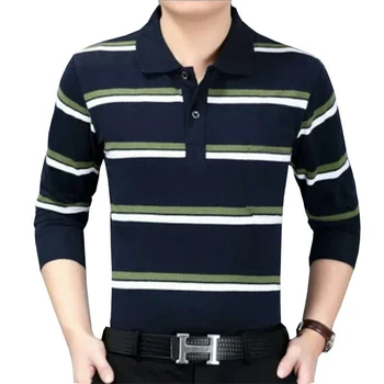 

Spring and autumn plus size men's cotton lapel striped long-sleeved t-shirt, middle-aged men's casual all-match POLO shirt L-2XL