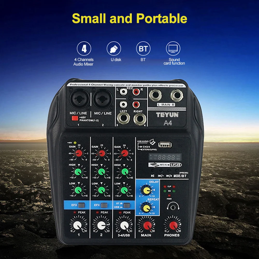 

NEW 4-Channel BT Sound Mixing Console Digital Audio Mixer Built-in Reverb Effects for Disco Recording DJ Network Live Broadcast