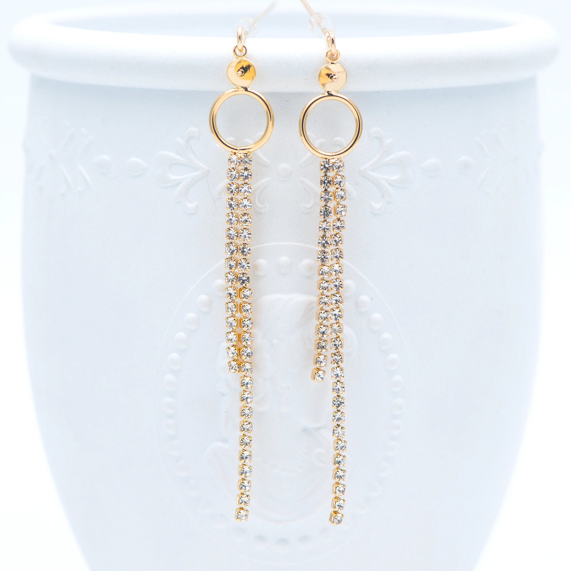 

10pcs Gold Chain Tassel Charms 65mm, CZ Rhinestone Chain Pendants with 4mm Cup, Can Add Pearl Gemstones (GB-647)