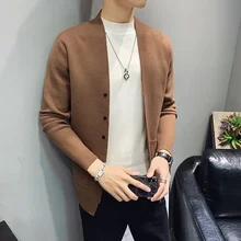 Мужской кардиган на пуговицах с отложным воротником, весенне-осенний Повседневный вязаный свитер, однотонная мужская верхняя одежда, свитер KK3072