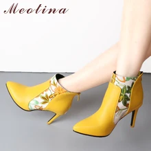 Meotina/обувь; женские ботинки; ботильоны на высоком каблуке; полусапожки на шпильке с острым носком и цветочным принтом; женская обувь на молнии; цвет белый, желтый; размеры 45, 46