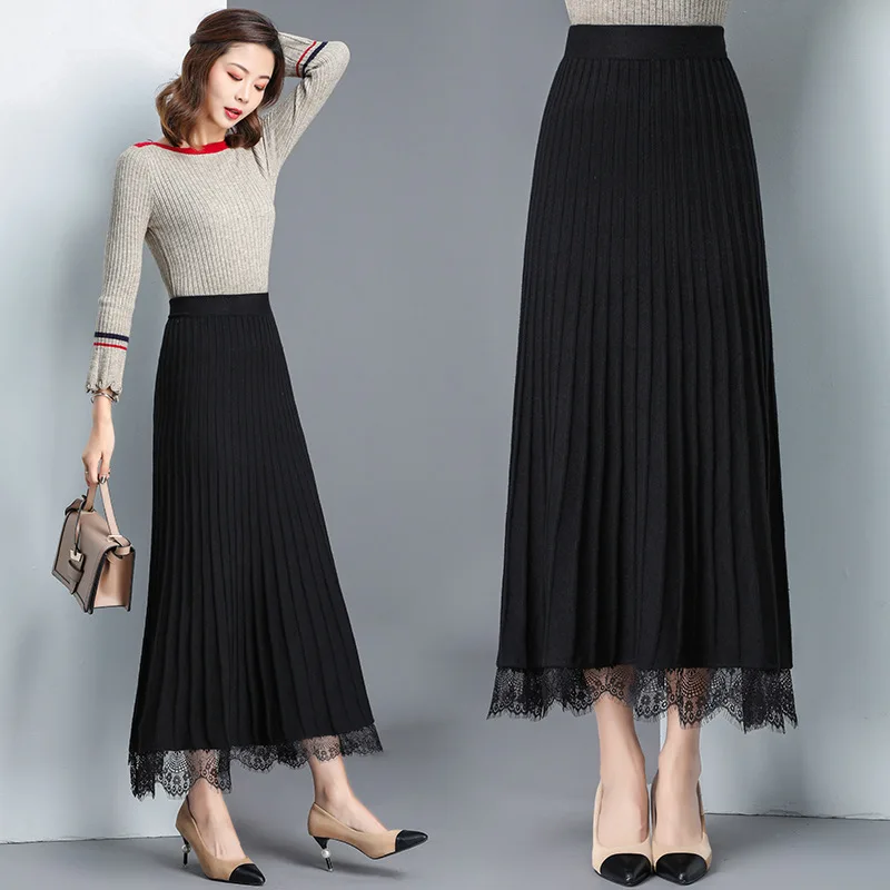 

2019 New Style High-waisted Lace Knitted Skirt Autumn And Winter Women's Mid-length A- line Pleated Skirt Yarn Long Skirts Sprin