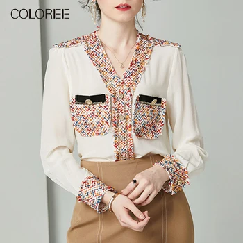 

COLOREE Spring 2020 New Women Pure Silk Blouse Elegant Beige/Red Single Breasted Long Sleeve Patchwork Shirts Chic Tops Female