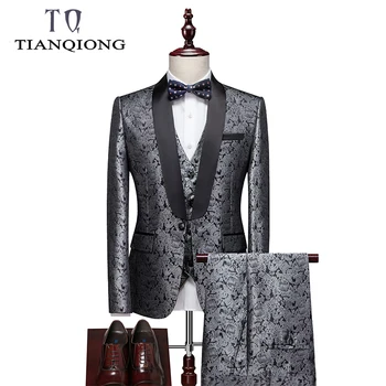 

TIAN QIONG Silver Men Suits with Pants Floral Prom Dress 3 Piece Set Groom Wedding Suits for Men Tuxedo (Jacket+Pants+Vest) 5XL