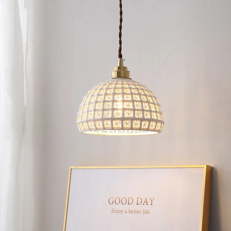 

chandelier simple modern coffee shop lamp hollow out ceramic Nordic lamp bedside lamp bar chandelier copper lamp