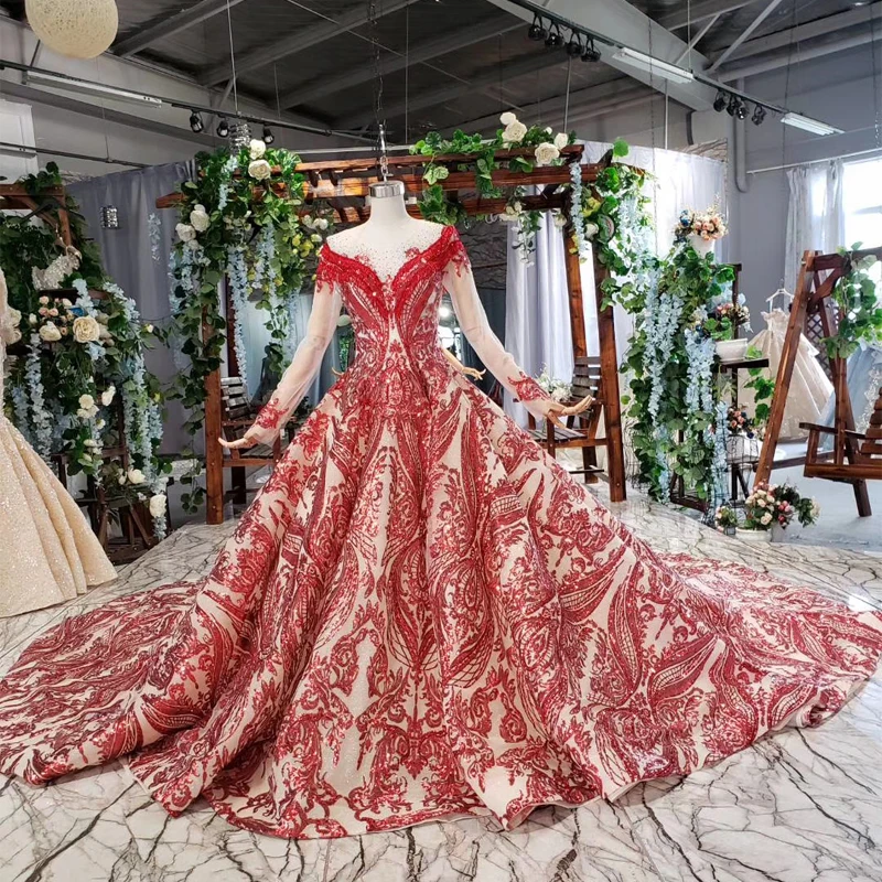 Color As Picture Арабское роскошное Сверкающее бордовое вечернее платье с длинными рукавами,, вырез лодочкой, кружево, бисер, иллюзия событий, вечерние, бальные платья в Дубае - Цвет: Color As Picture