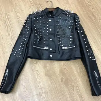 

New rivet beading pu leather coats Women letters rivet beading Leather Jacket Punk Rock Cropped Jackets F2016 dropship