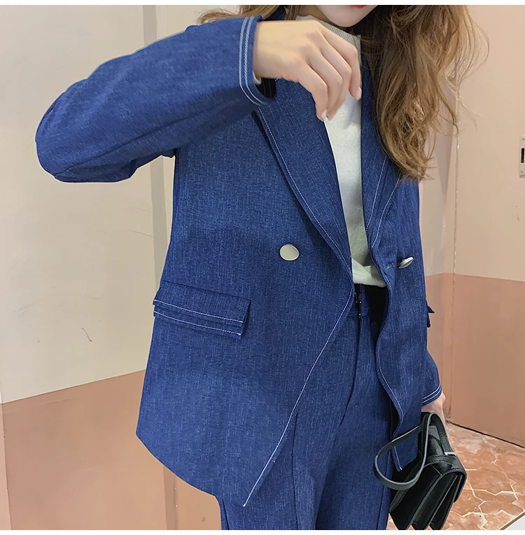 SHIJIA Woman Suit Pant Blue Silid Jacket Blazer& Harem Pant 2 Piece Set Blue Suit Female Street Wear Spring Autumn
