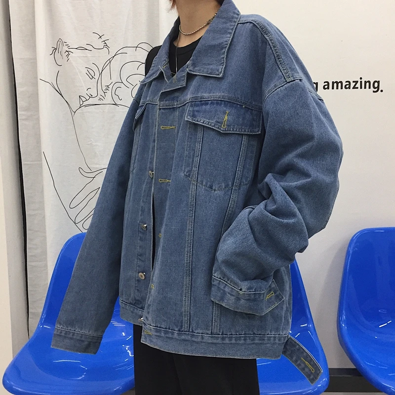Fox mr. осень Ulzzang Harajuku BF Стиль уличное винтажное джинсовое пальто свободный крой Классические Куртки для пар мужские