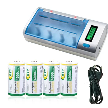 

BTY 4pcs 1.2V NI-MH 4000 mah C size rechargeable battery +fast charging LCD display battery charger for AA/AAA/SC/C/D/9V battery