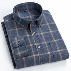 Men's Fashion Brushed Flannel Plaid Button-down Shirts Single Patch Pocket Long Sleeve Standard-fit Thick Gingham Casual Shirt