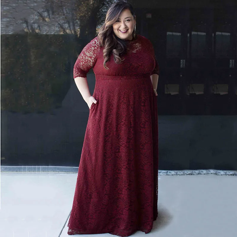 

New Arrival Charming Dark Red Lace Plus Size Mother of the Bride Dresses with Three Quarter Sleeve Wedding Party Gowns Big Size