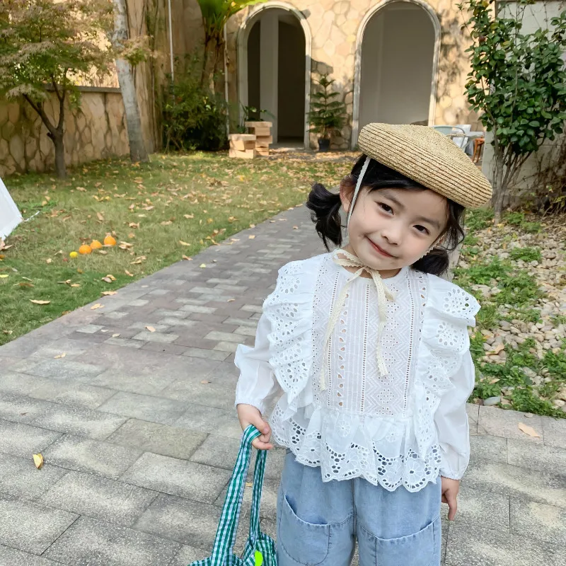 Г. Новая стильная кружевная рубашка с оборками для девочек Весенняя хлопковая модная блузка для девочек Дети Одежда от 1 до 6 лет
