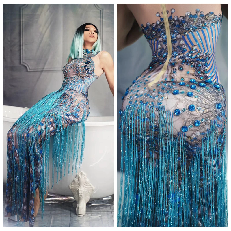 

Top Quality Sky Blue Crystal Diamonds Design Sexy Club Dresses Fashion Maxi Blue Tassel Celebrity Cocktail Party Dress Women Sleeveless Bodycon Sequin Dress Vestidos Dropshipping