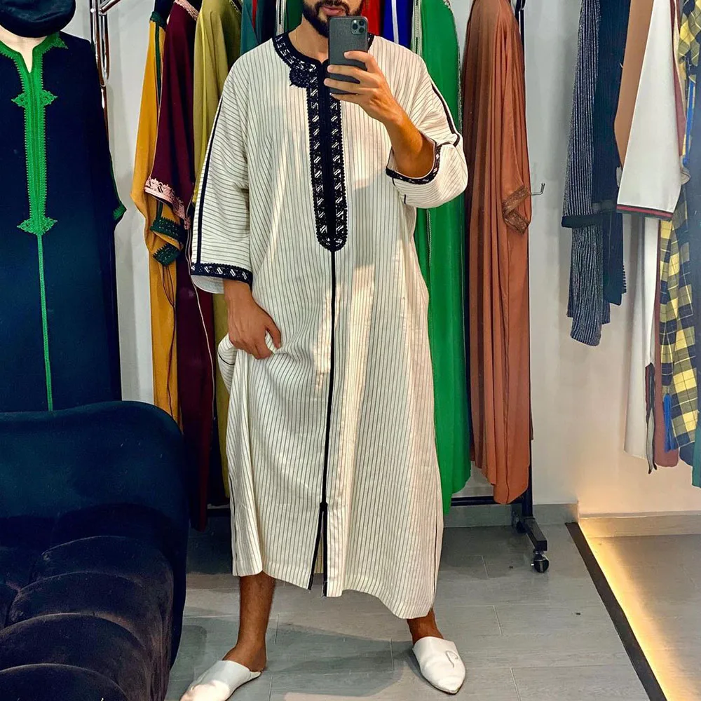 Abaya исламский мужской халат мусульманские платья djellaba homme Модные полосатые