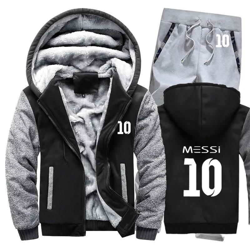 Зимняя мужская толстовка с капюшоном Messi 10 принт мужские s толстовки костюм толстый теплый флис хлопок спортивный костюм на молнии мужская куртка+ брюки комплекты из 2 предметов - Цвет: 808