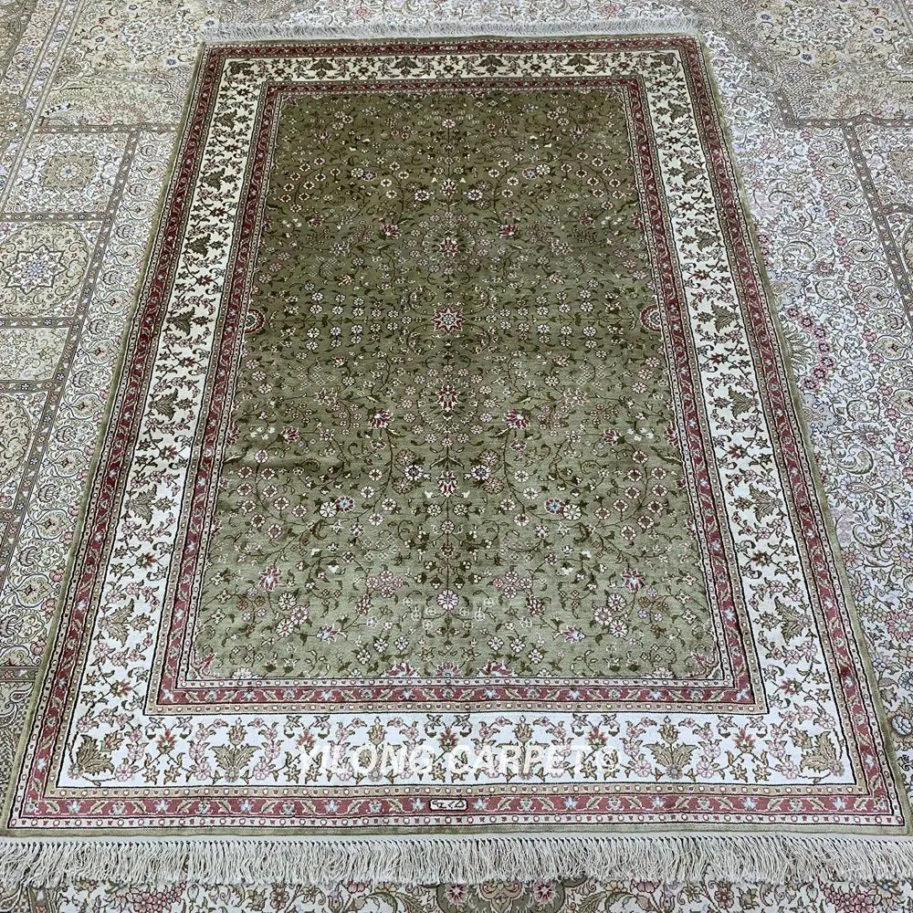 YILONG 4'x6' шелковые персидские ковры ручной работы зеленый Восточный изысканный цветочный ковер (HF303B)