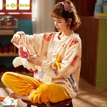 

Winter Warm Coral Fleece Long Sleeve Long Pants Sleepwear Fashion Casual Style Pajamas Set Pj Set Cartoon Printing Woman Pijama