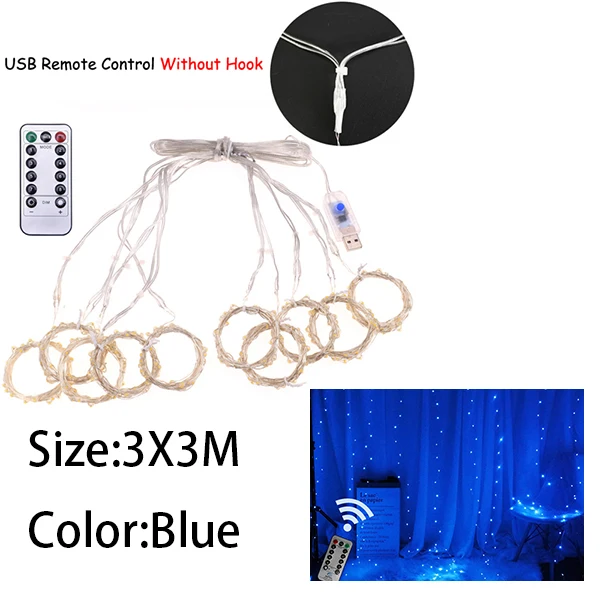 3X3M blue Сказочная светодиодная гирлянда-штора, гирлянда, гирлянда, 3x3 м, Рождественский декоративный светодиодный гирлянда, рождественские вечерние, для сада, свадьбы, спальни, INS, перья, свет - Испускаемый цвет: 3X3M blue