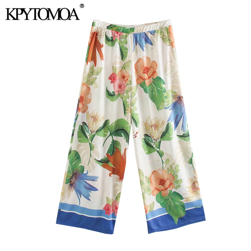 KPYTOMOA Women 2020 Chic Fashion Floral Print Straight Pants Vintage High Elastic Waist Cozy Female Ankle Trousers Pantalones